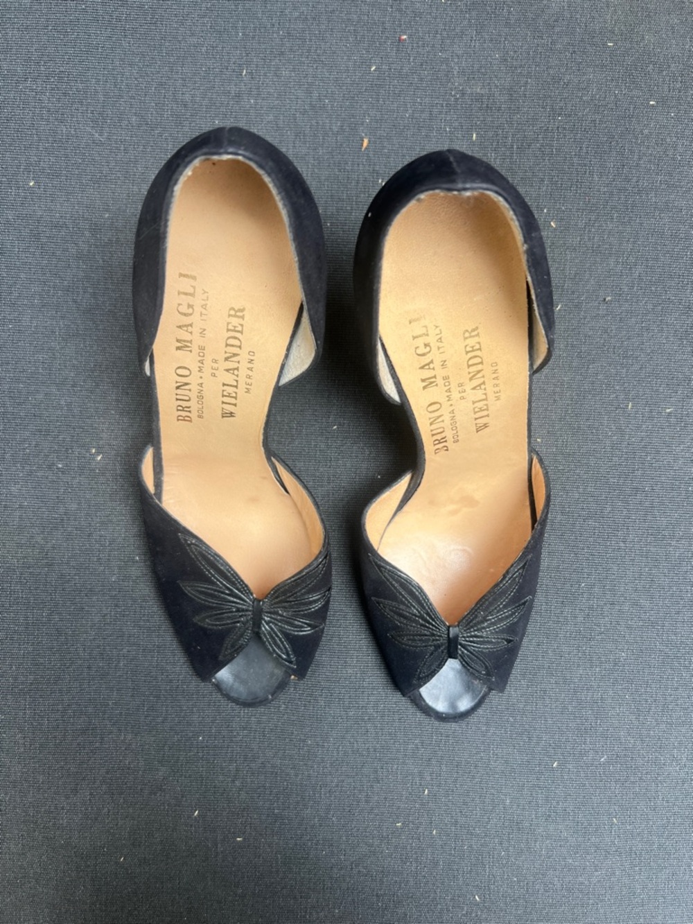 Bruno Magli Black Suede Peep-Toe Pumps with Butterfly Detail